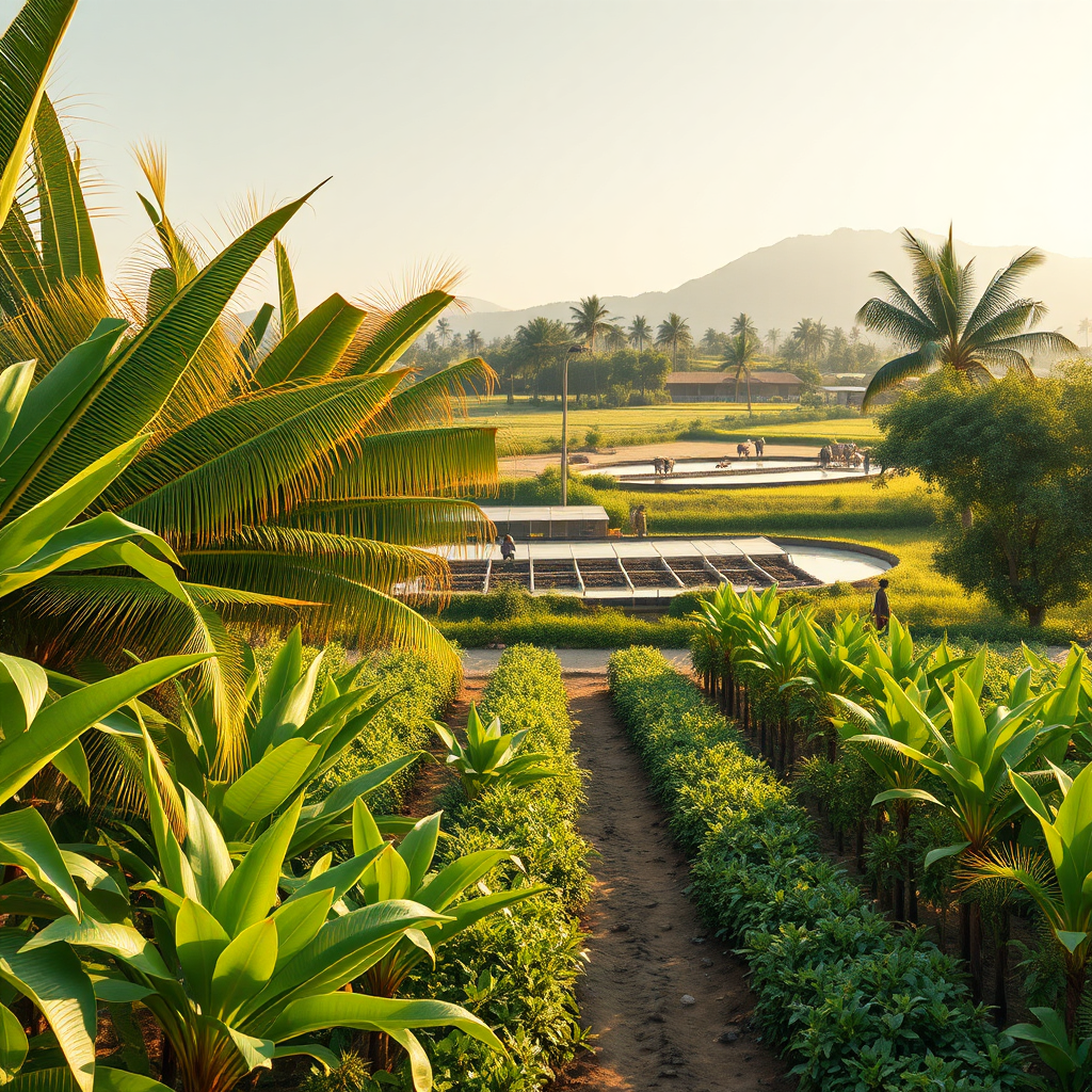 Create a photorealistic, ultra-high quality header image for EMHED PLUS LTD. The image should showcase a diverse agricultural landscape in Ogun State, featuring lush green coconut trees swaying gently in the breeze in the foreground, interspersed with rows of vibrant cassava plants. In the midground, visualize a bustling honey processing unit with golden honeycombs and workers carefully extracting honey. Further back, depict fish ponds shimmering under the sunlight, goat grazing on verdant pastures and snail pens blending naturally into the environment. The lighting should be warm and golden, suggesting a sunny afternoon. Use a wide-angle lens to capture the breadth of the agricultural activities. Add subtle details like dew drops on the leaves and textures of the different crops. The color palette should be dominated by greens, browns, and golds. Aim for an 8K resolution, hyperrealistic style, referencing the natural beauty of Ogun State and the company's dedication to sustainable agriculture.