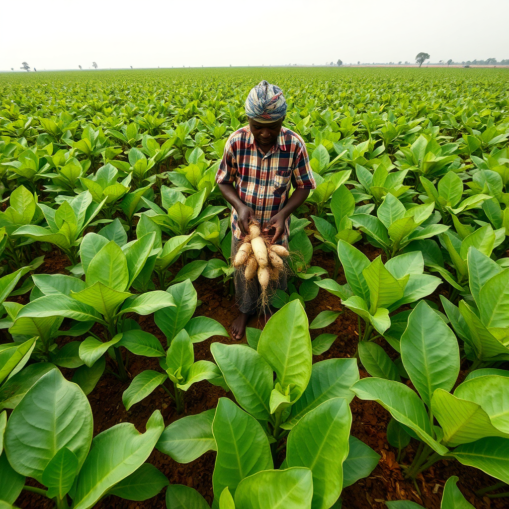  Capture a photorealistic image of a vast cassava field in Odeda, Ogun State. The cassava plants should be healthy and vibrant, with their characteristic leaves spread out in a green carpet. Use a wide-angle lens to showcase the scale of the farm. Include a farmer inspecting the cassava roots, ensuring their quality. The lighting should be soft and diffused, highlighting the texture of the leaves and the earth. The color palette should be dominated by greens and browns, creating a sense of natural abundance. Aim for a high-quality image that conveys the importance of cassava cultivation in the region.