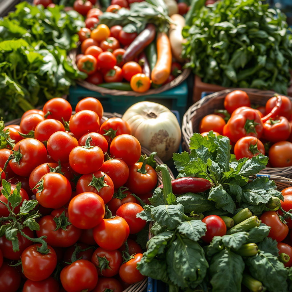 Capture a vibrant and photorealistic image of freshly harvested vegetables in Abeokuta. Focus on the colorful array of produce, including tomatoes, peppers, and leafy greens. Arrange the vegetables in baskets or crates, creating a visually appealing composition. The lighting should be bright and natural, highlighting the freshness and vibrancy of the produce. The color palette should be diverse and eye-catching, showcasing the natural beauty of the vegetables. Aim for a high-quality image that conveys the company's commitment to providing farm-fresh vegetables.