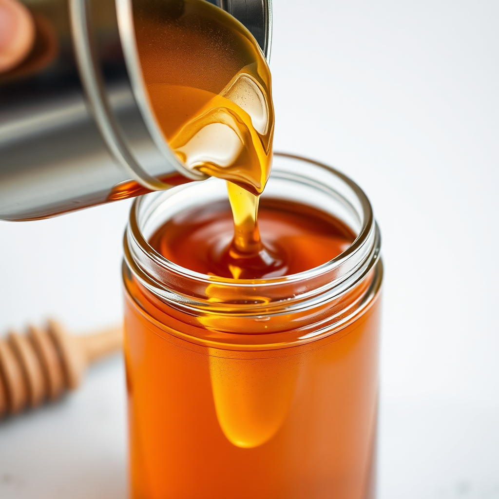 Create a close-up image of golden honey being carefully poured from a stainless-steel container into a glass jar. The focus is on the honey's texture and color, highlighting its purity and quality. The background is clean and minimal.