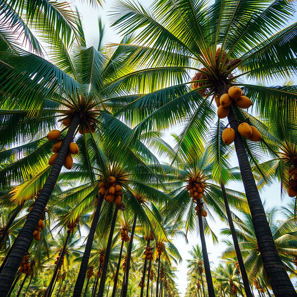  Create a photorealistic image of a lush coconut plantation in Odeda, Ogun State. Focus on the tall, swaying coconut trees laden with ripe coconuts. Use a low-angle shot to emphasize the height and abundance of the trees. The lighting should be bright and sunny, with dappled shadows filtering through the leaves. Include a farmer harvesting the coconuts with traditional tools. The color palette should be dominated by greens and browns, with pops of blue from the sky. Aim for a high-quality image that conveys the tropical beauty and agricultural richness of the region.