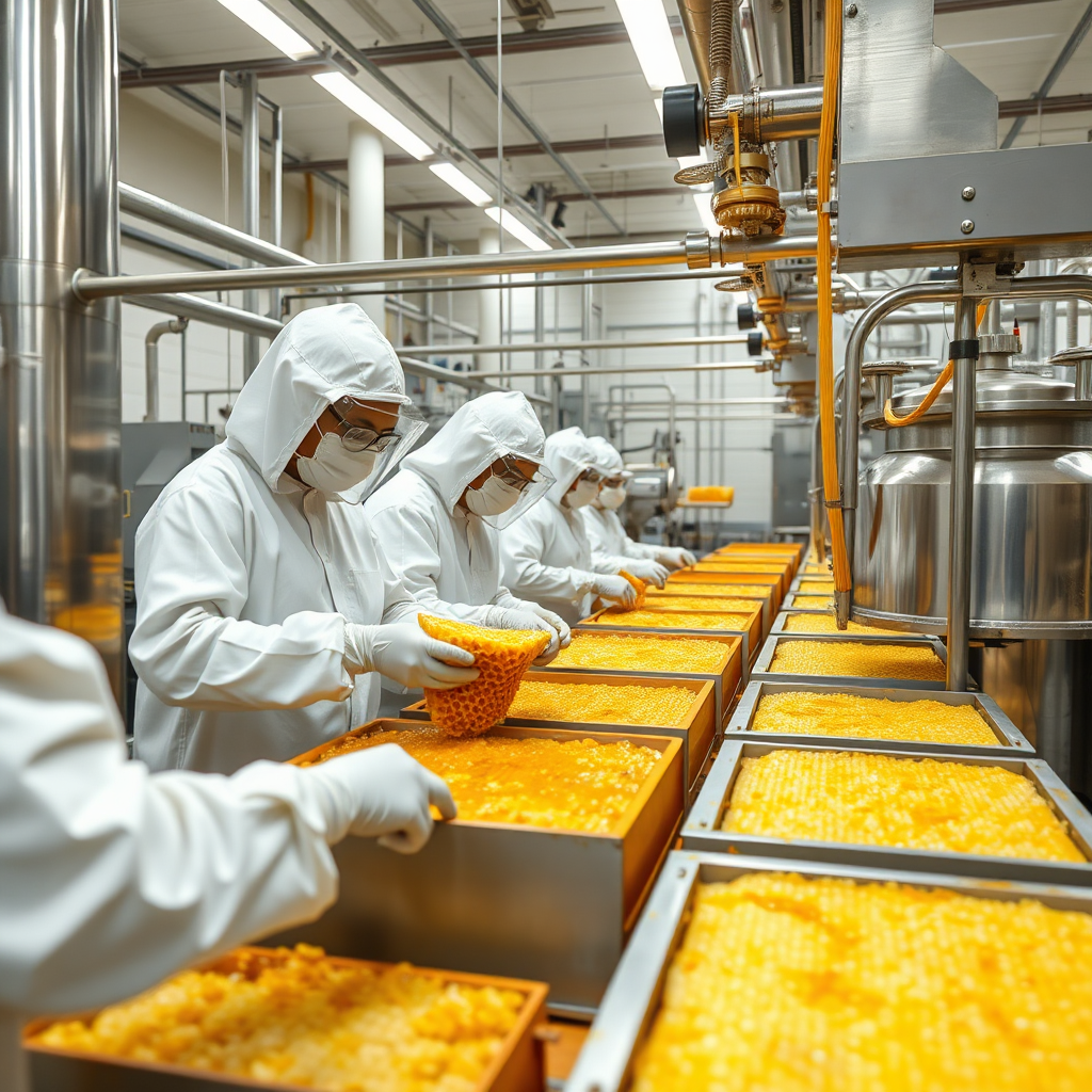  Create a photorealistic image of a modern honey processing facility in Abeokuta. Focus on the clean, stainless-steel equipment used for extracting and filtering the honey. Include workers in protective gear carefully handling the honeycombs. The lighting should be bright and sterile, emphasizing the cleanliness of the environment. The color palette should be dominated by golds and whites, highlighting the purity and quality of the honey. Aim for a high-quality image that conveys the company's commitment to producing the finest natural honey.