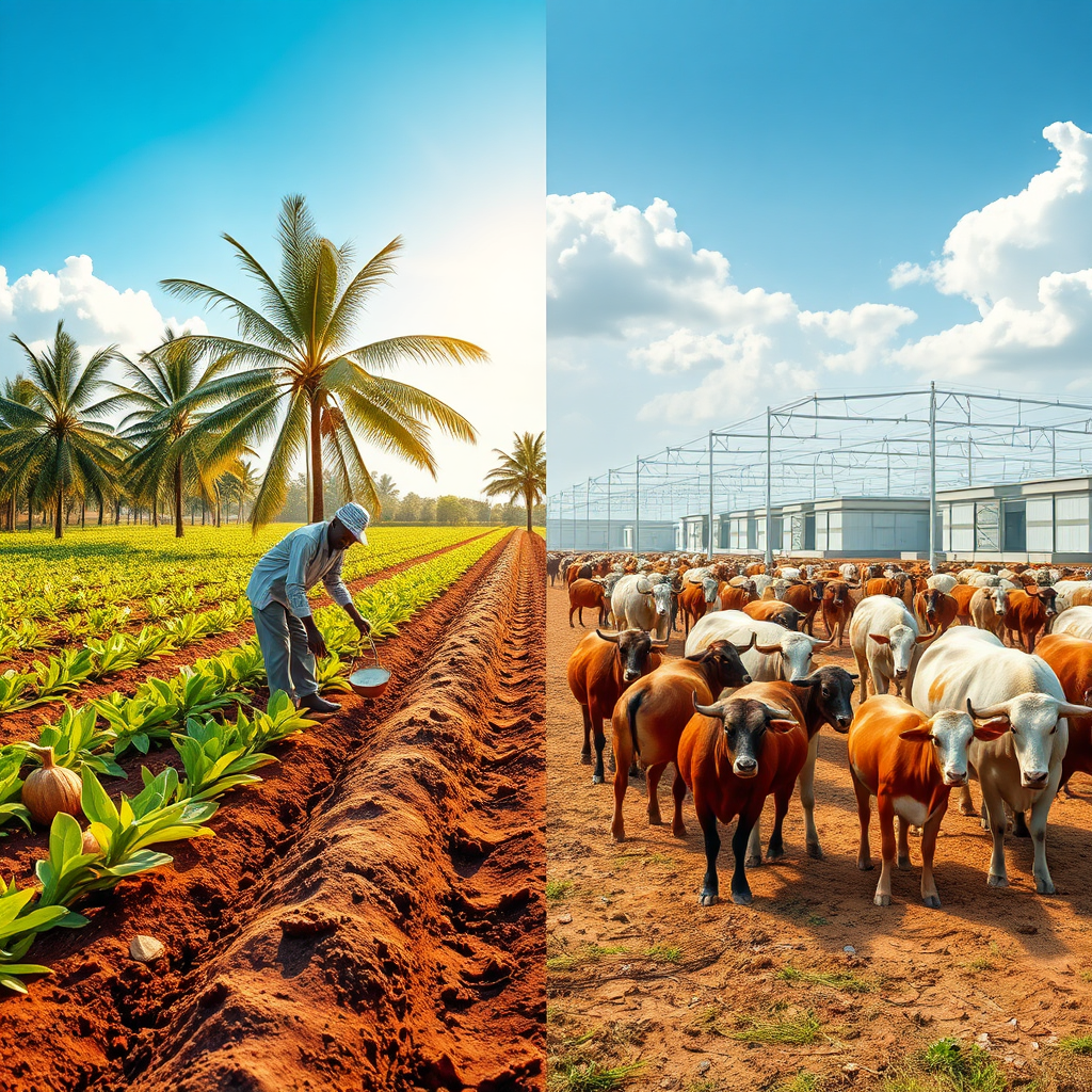 Create a photorealistic image representing EMHED PLUS LTD's diverse agricultural operations. The image should feature a split composition. On one side, showcase a farmer tending to rows of cassava and coconut trees under a bright, sunny sky in Odeda. On the other side, visualize a clean, modern facility in Abeokuta where honey is being processed. Connect these two scenes with a subtle line of livestock grazing. The color palette should be vibrant and natural, emphasizing the freshness of the produce and the health of the animals. Use a slightly elevated camera angle to capture the breadth of the farming activities. Add details like the texture of the soil, the gleam of the honey, and the happy faces of the workers. Aim for a 4K resolution, high-quality image with a focus on conveying the company's commitment to sustainable and diversified agriculture.