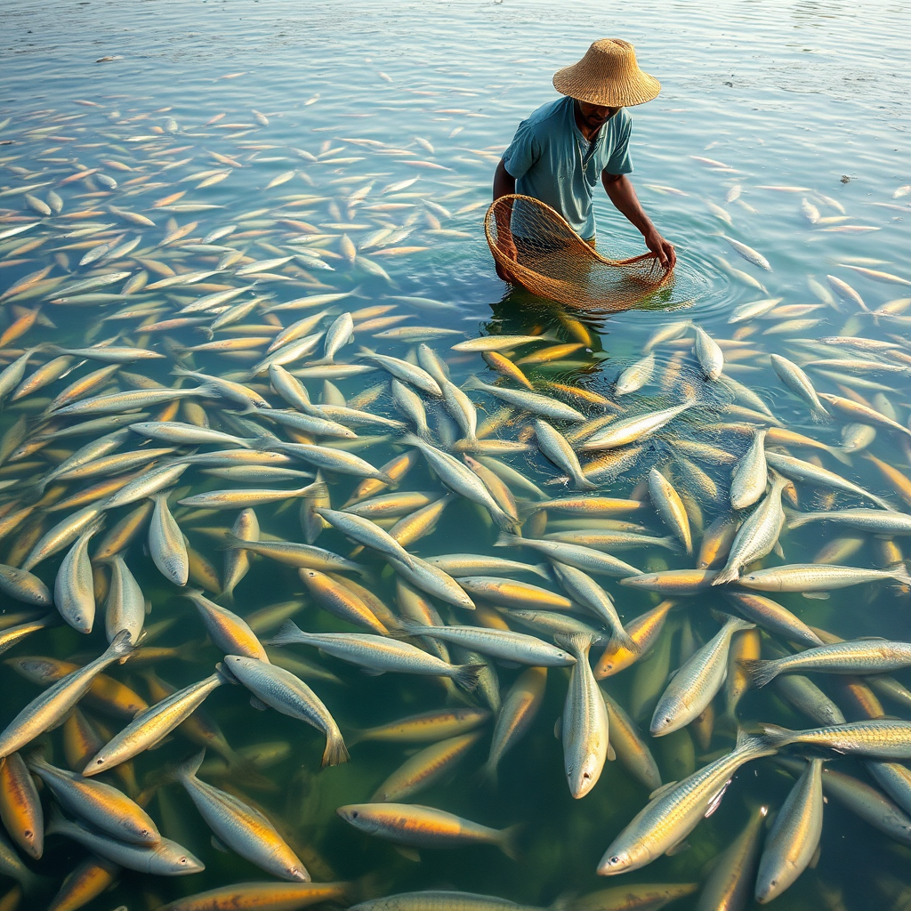 Create a photorealistic image of a thriving fish farm in Obada, Ogun State. Focus on the clear, clean fish ponds teeming with healthy fish. Include a farmer feeding the fish or harvesting them with nets. The lighting should be soft and diffused, creating a peaceful and serene atmosphere. The color palette should be dominated by blues and greens, reflecting the aquatic environment. Aim for a high-quality image that conveys the company's commitment to sustainable fish farming practices.