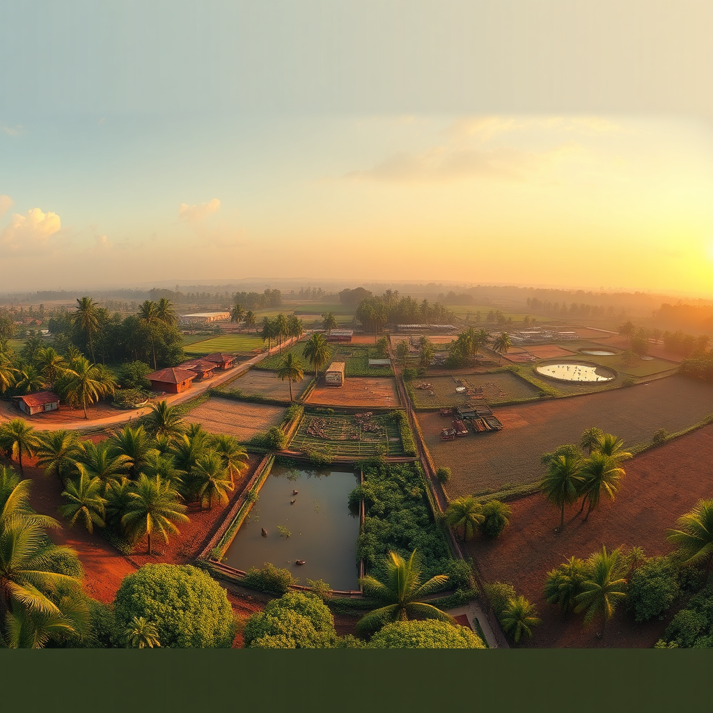 Create a photorealistic panoramic view of EMHED PLUS LTD's diverse agricultural operations in Ogun State. The image should seamlessly blend together various farming activities, including coconut plantations, cassava fields, honey processing units, fish ponds, goat farms, and snail pens. The lighting should be warm and golden, creating a sense of unity and harmony. The color palette should be rich and vibrant, reflecting the natural beauty of the region. Aim for a high-quality image that conveys the company's commitment to diversified and sustainable agriculture.