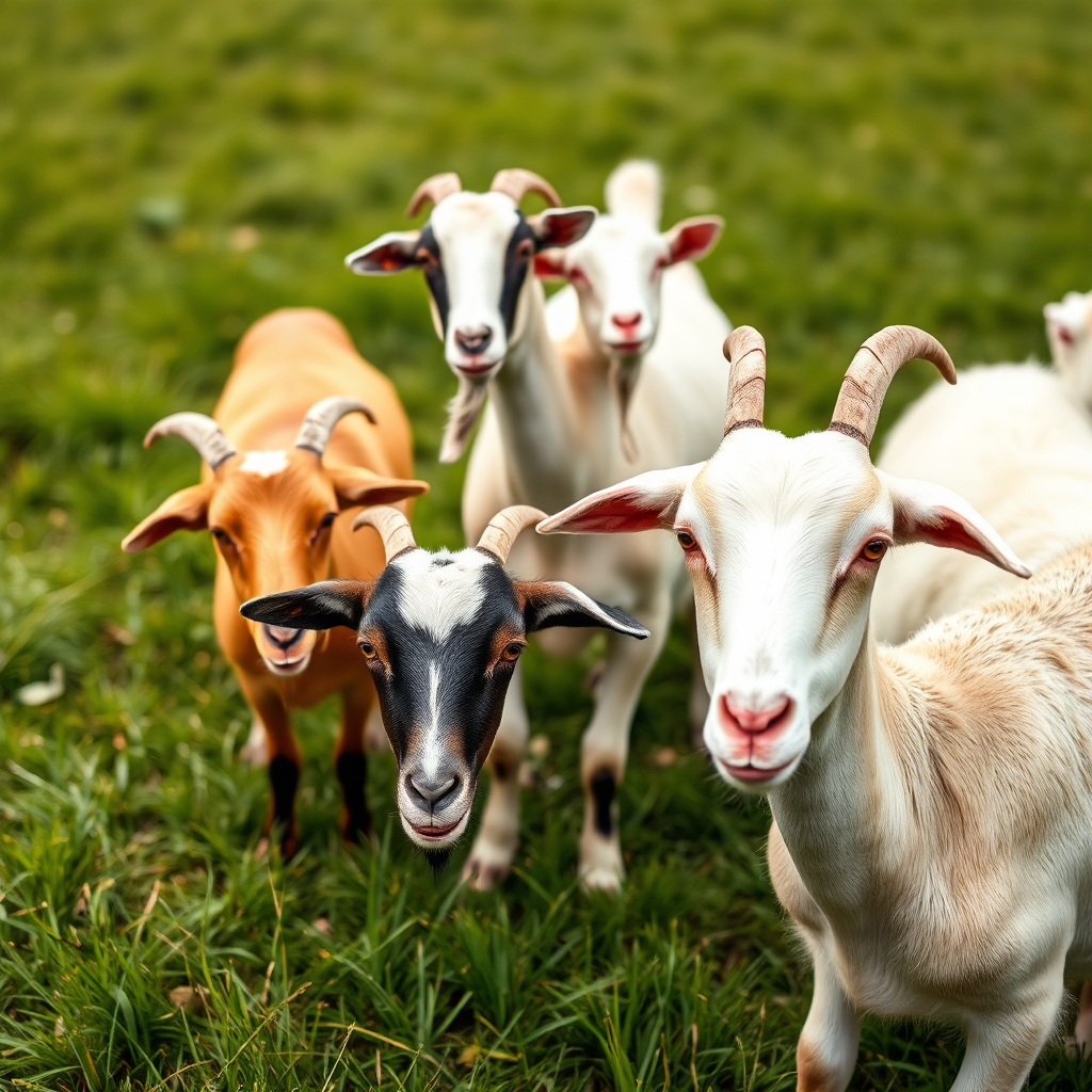 Create an image depicting happy and healthy goats grazing on a lush green pasture. The focus is on portraying the goats as well cared for and thriving in their natural environment. Show diverse breeds of goat.
