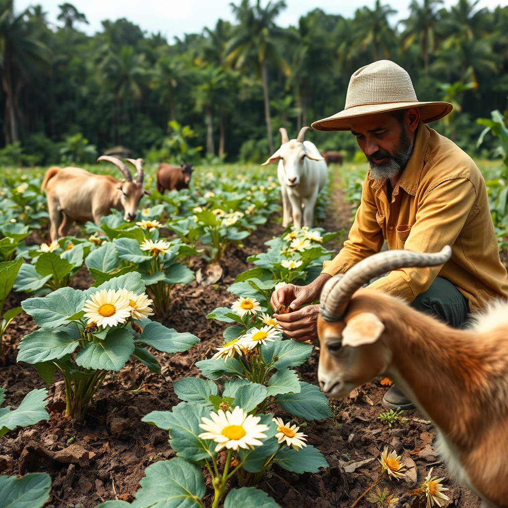 Create an image showing a farmer carefully tending to a cassava crop, while bees pollinate nearby flowers, all under the watchful eyes of grazing goats. The background shows a lush forest. This captures an ecosystem approach to sustainable agriculture.