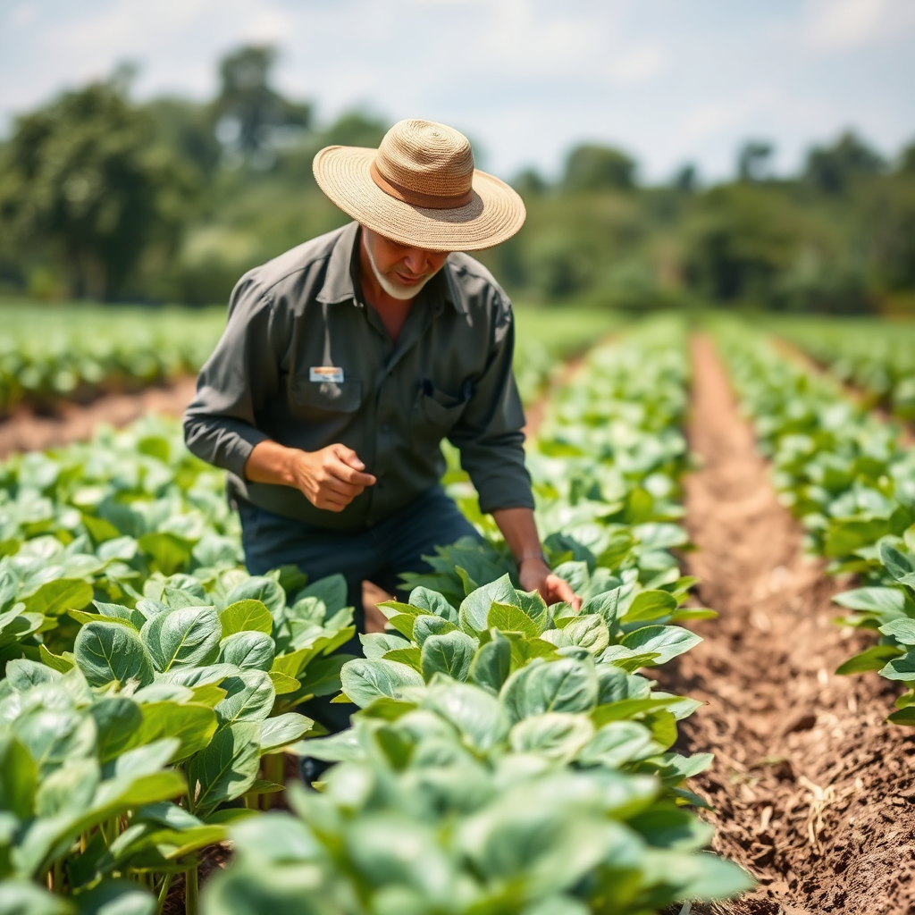 Depict a farmer inspecting healthy rows of cassava plants in a sunny field. Use shallow depth of field to blur the background and focus on the farmer and the plants. Ensure the focus is on a professional doing a professional job.