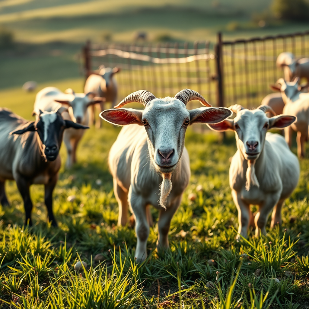 Depict a photorealistic image of healthy goats grazing on lush pastures and snails safely enclosed in their pens in Obada. The goats should be well-fed and content, and the snails should be thriving in their natural habitat. The lighting should be warm and inviting, creating a sense of pastoral harmony. The color palette should be dominated by greens and browns, reflecting the natural environment. Aim for a high-quality image that conveys the company's commitment to responsible livestock farming practices.