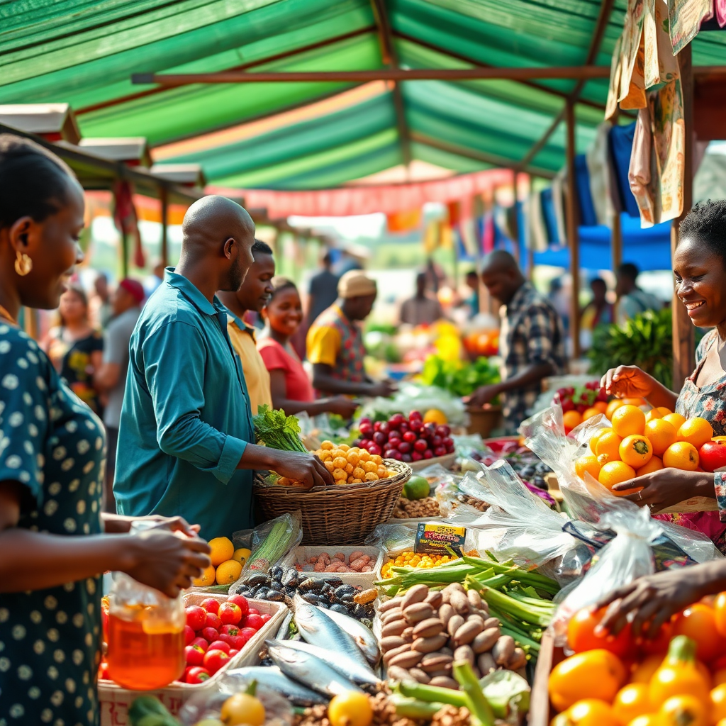 Depict a vibrant scene of a local market in Ogun State, showcasing the diverse range of EMHED PLUS LTD's farm products. Include fresh fruits, vegetables, honey, fish, goat meat, and snails. The market should be bustling with activity, with happy customers purchasing the products. The lighting should be bright and cheerful, creating a sense of abundance and prosperity. The color palette should be diverse and eye-catching, reflecting the richness of the local economy. Aim for a high-quality image that conveys the company's commitment to nourishing the community.